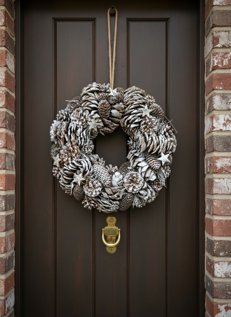 Frosted pinecone Christmas wreath hanging on a front door.